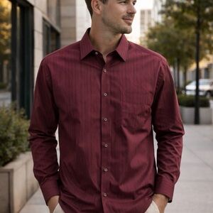 Geoffrey Beene Men’s Dress Shirt XXL 18 36/37 Burgundy Striped Wrinkle Free